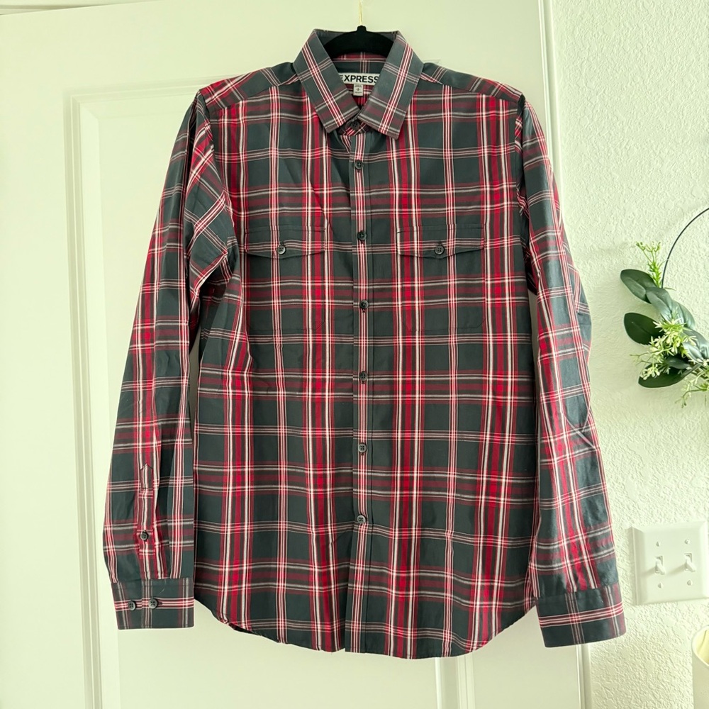Express Men's Red and Gray Plaid Shirt